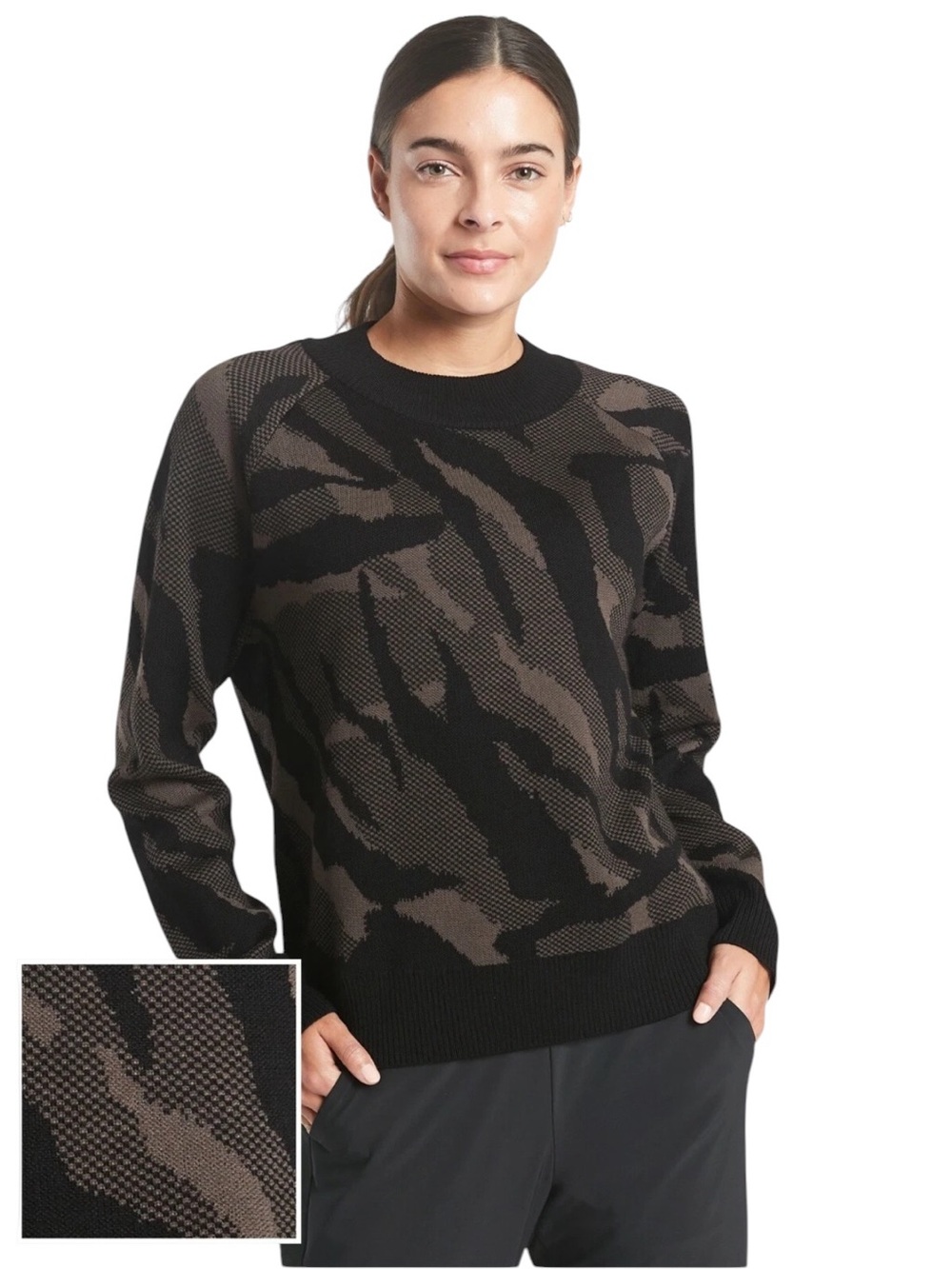 Athleta Jacquard Textured Crew Sweater Camo Charcoal Grey Size Small